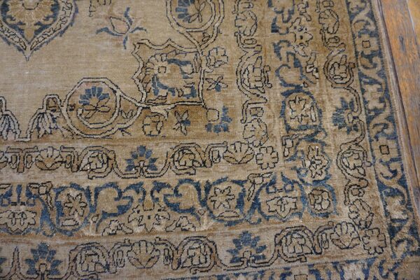 Close-up of the border detail on the tan and blue persian rug by rugs on net. By rugs on net