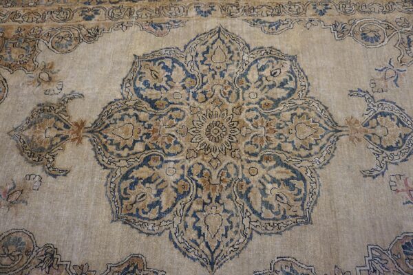 Close-up of a faded, ornate rug featuring a large central medallion with blue and tan floral motifs on a beige ground, by rugs on net