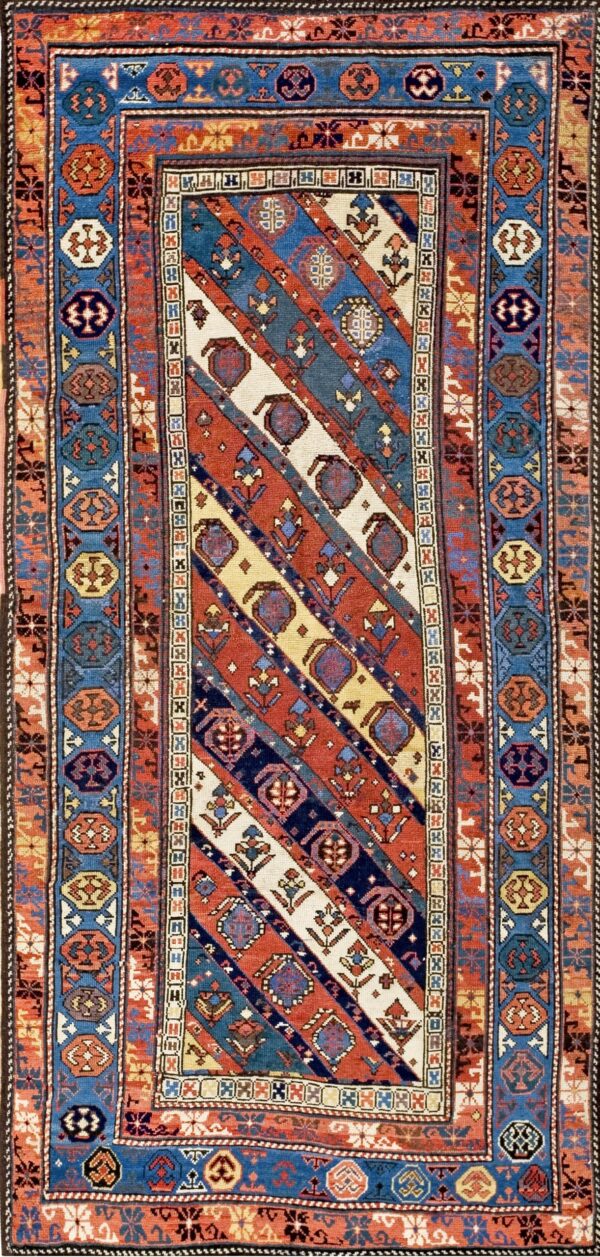 Magnificent late 19th century russian moghan tribal geometric pattern jewel toned wool runner rug by rugs on net