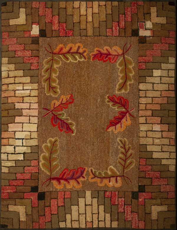 Majestic olive color with delicate palmettes design antique american hooked rug by rugs on net