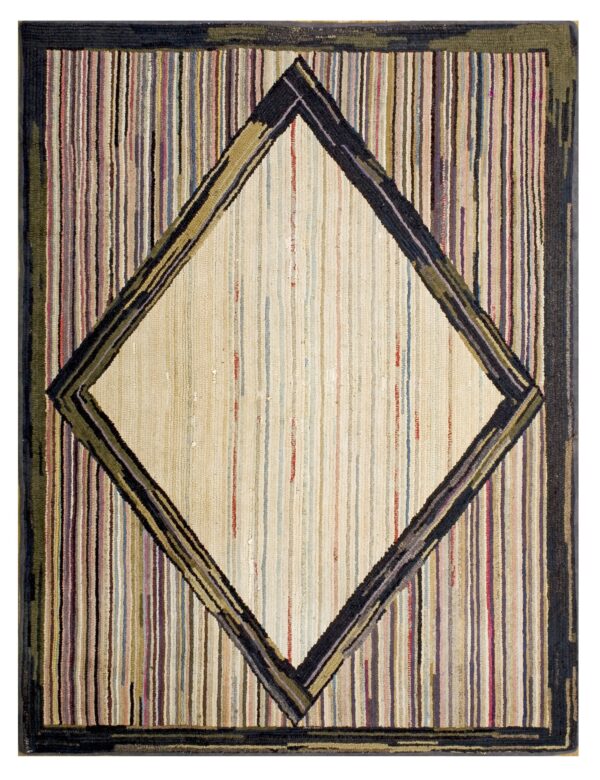Marvelous ivory color with rhombus design antique american hooked rug by rugs on net