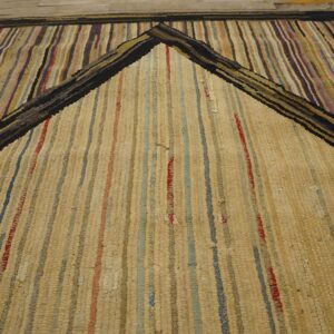 Close-up of a striped rag rug with a central beige area framed by multicolored vertical stripes, by Rugs On Net
