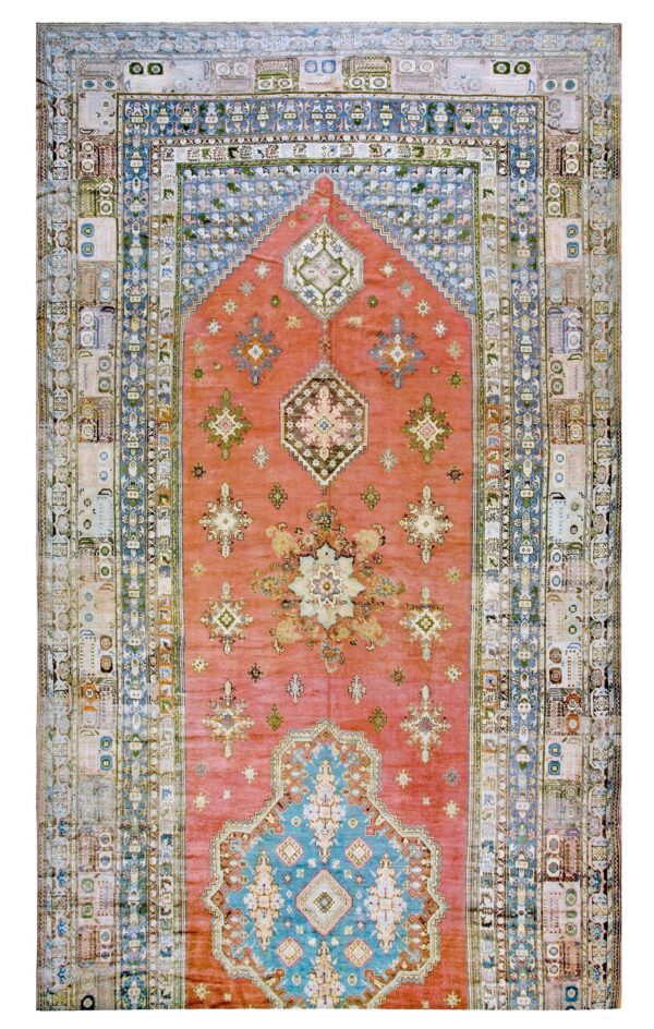 Massive oversized early 20th century moroccan rabat hand knotted salmon field wool carpet by rugs on net