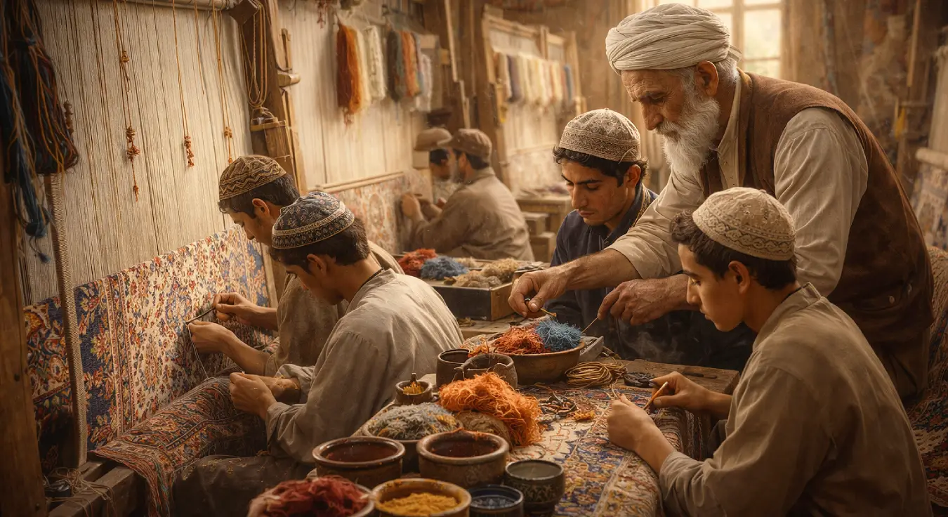 The master and apprentice at the weaving workshop by rugs on net