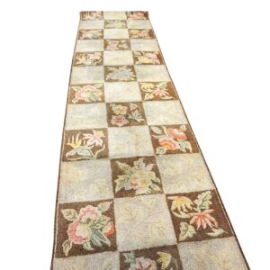 Checkerboard floral runner rug with brown and cream squares by Rugs On Net