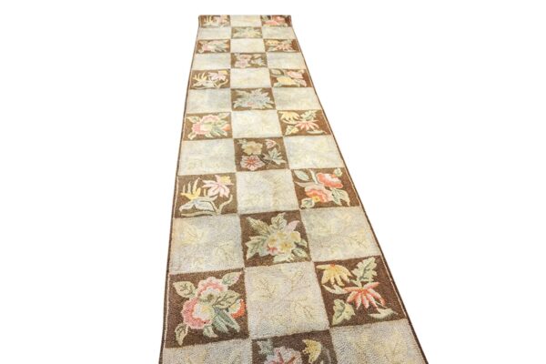 Checkerboard floral runner rug with brown and cream squares by rugs on net
