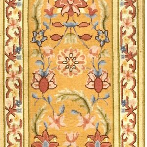 Mid-Century Spanish Savonnerie Hand Knotted Wool Golden Floral Runner Yellow Orange Accents Carpet by Rugs On Net
