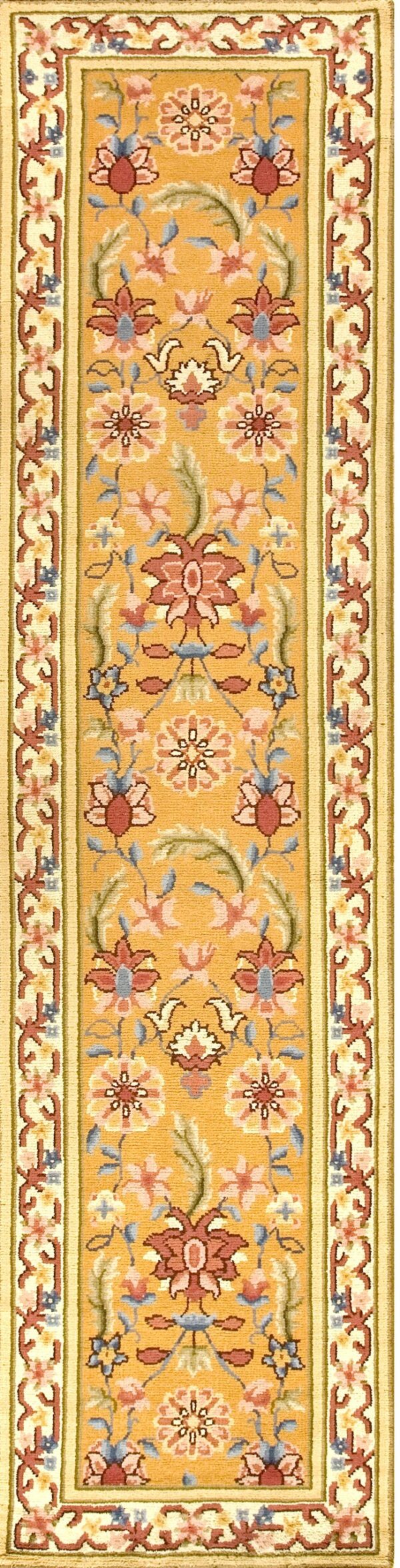 Mid-century spanish savonnerie hand knotted wool golden floral runner yellow orange accents carpet by rugs on net