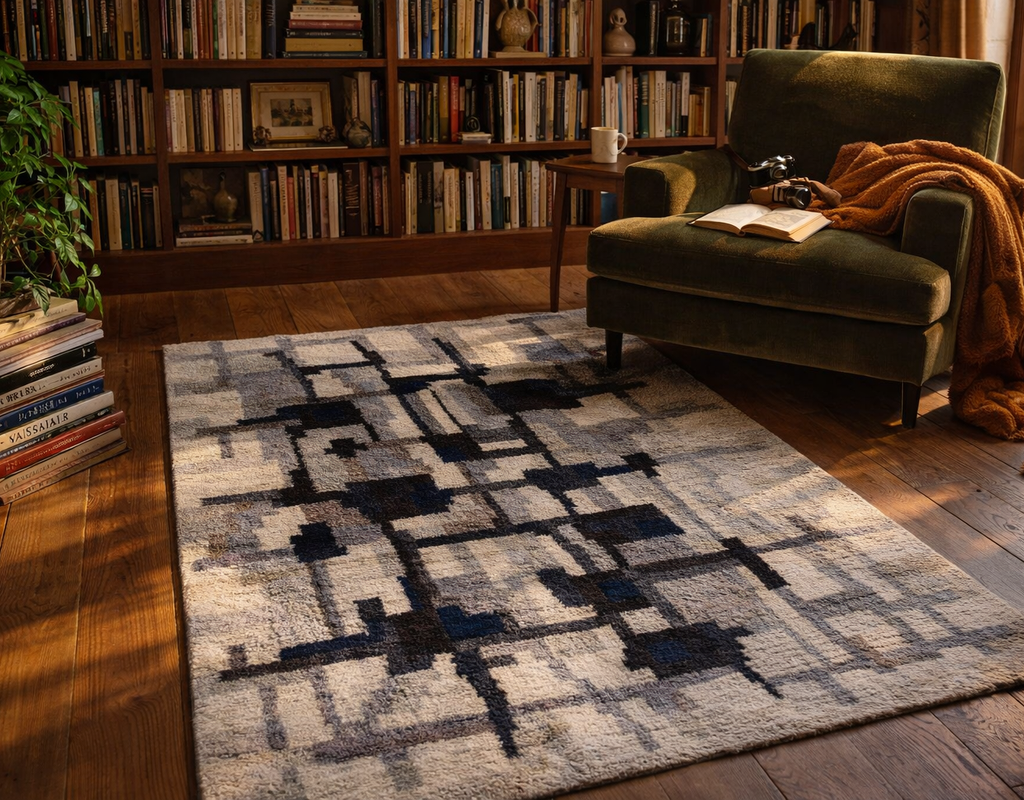 Abstract geometric rug in a cozy home library with a green velvet armchair and wooden bookshelves. By rugs on net