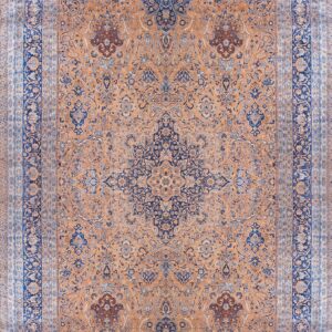 Monumental 1930 Persian Kerman Cruciform Central Motif Gold and Orange Hand Knotted Wool Rug by Rugs On Net