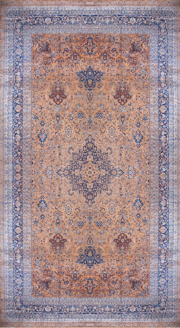 Monumental 1930 persian kerman cruciform central motif gold and orange hand knotted wool rug by rugs on net