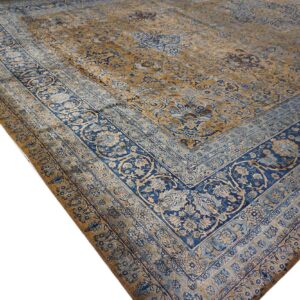 Close-up corner view of a faded blue and gold Persian rug pattern by Rugs On Net. by Rugs On Net