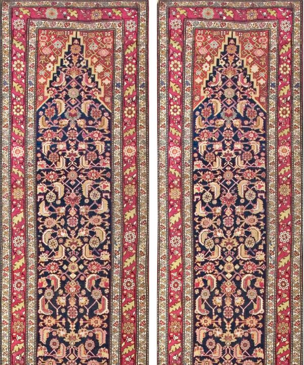 Monumental antique circa 1900 caucasian karabagh gallery runner featuring dense stylized boteh wool carpet by rugs on net