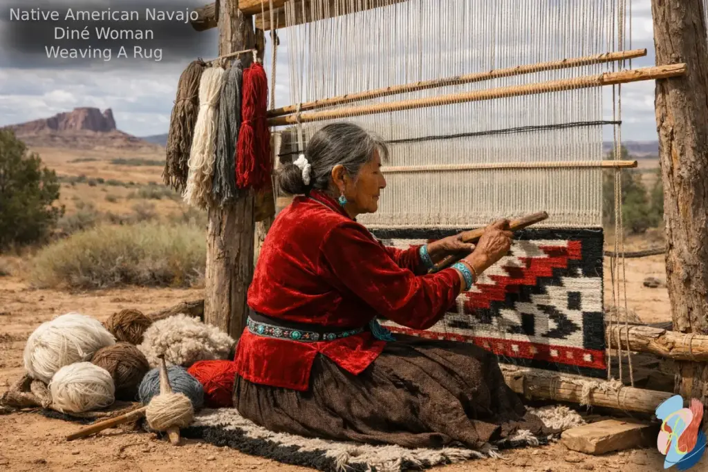 A native american navajo diné woman weaving a rug out side in the southwest by rugsonnet