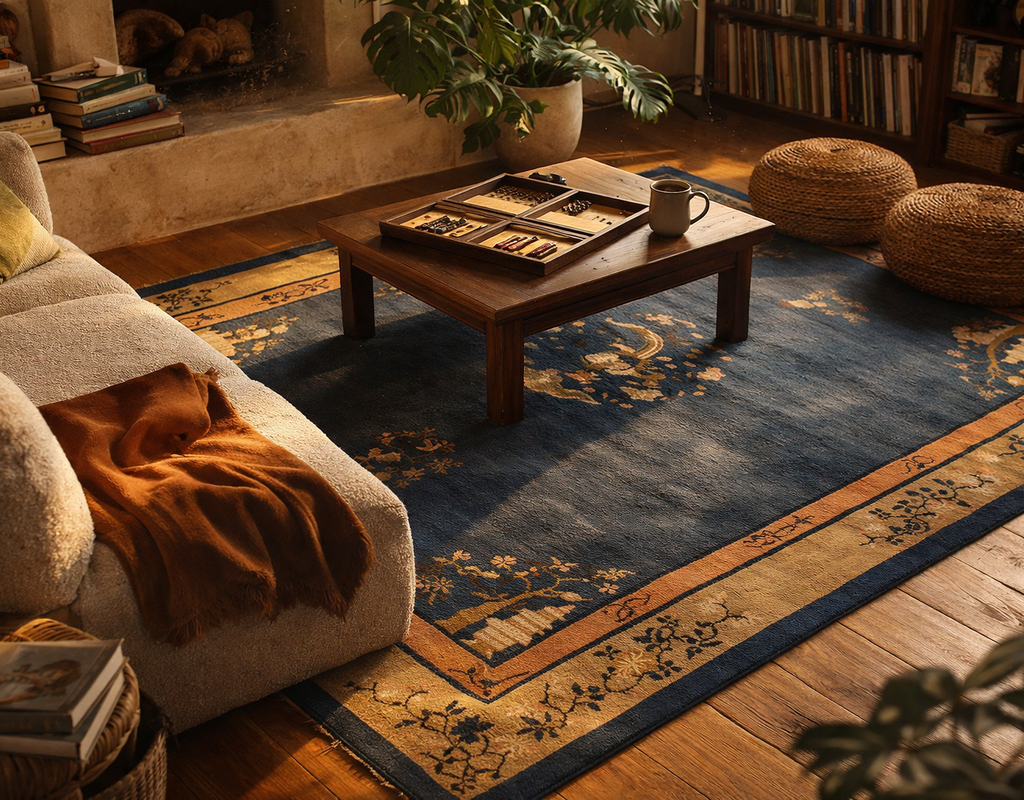 Navy blue rug with golden floral patterns under a wooden coffee table in a sunlit, cozy living room. By rugs on net