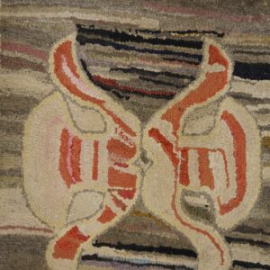 Close-up of a hooked rug featuring symmetrical abstract shapes in cream and orange against a striped brown background, by Rugs On Net