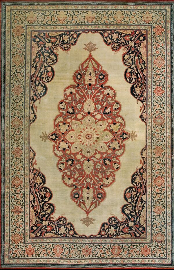 Oversized antique late 19th century persian tabriz with pale ivory ground and intricate vine border wool rug by rugs on net