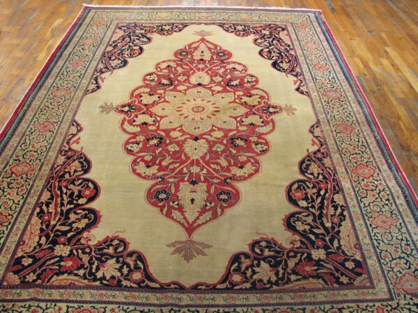 A large, ornate area rug featuring a central medallion in red and beige on a light field, bordered by dark navy and red floral patterns, by rugs on net. By rugs on net