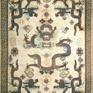 Oversized Circa 1880 Ivory Beige Mongolian Design Chinese Key Fret Border Hand Knotted Wool Carpet by Rugs On Net