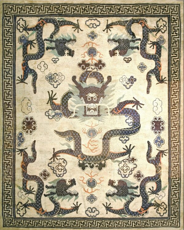 Oversized circa 1880 ivory beige mongolian design chinese key fret border hand knotted wool carpet by rugs on net