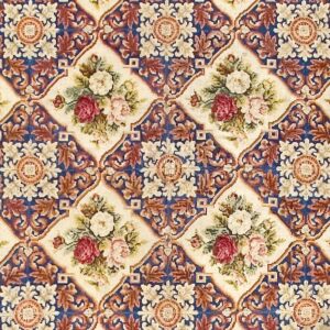 Close-up of a floral tapestry pattern featuring roses in cream and deep pink, set against a cream background framed by blue and brown scrollwork, by Rugs On Net