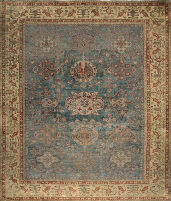 Oversized vintage blue persian malayer classical floral design with rust terracotta accents carpet by rugs on net