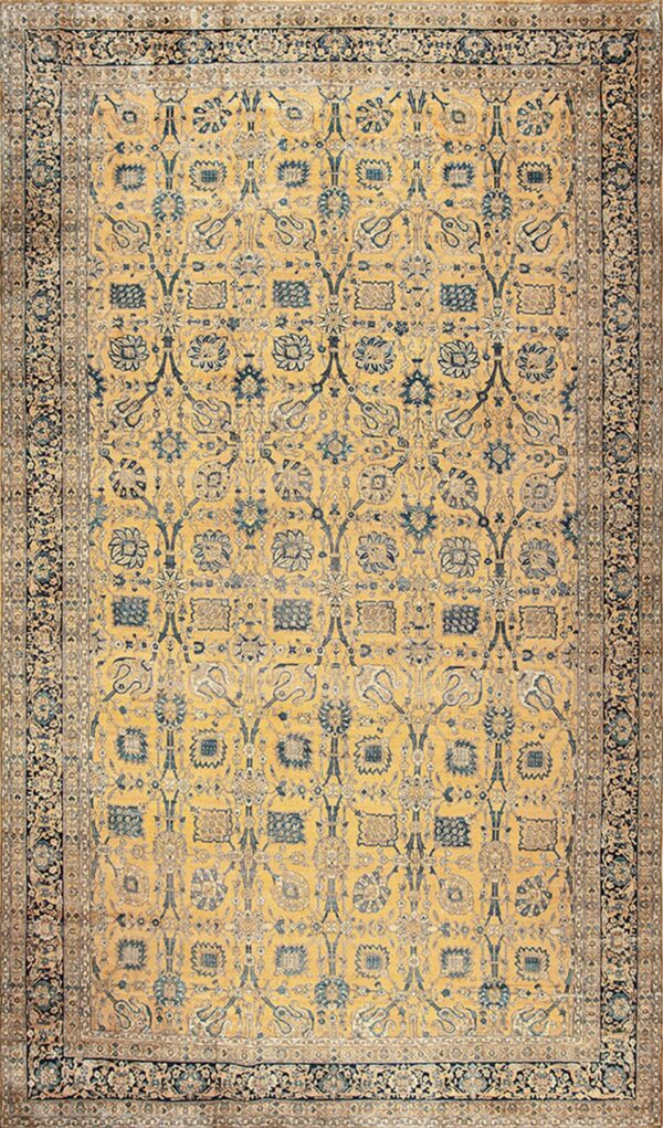 Persian kerman hand knotted wool rectangle rug with mustard yellow field and repeating palmette design rug by rugs on net