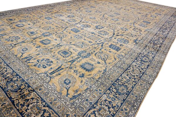 Close-up view of a beige and blue floral patterned rug by rugs on net. By rugs on net