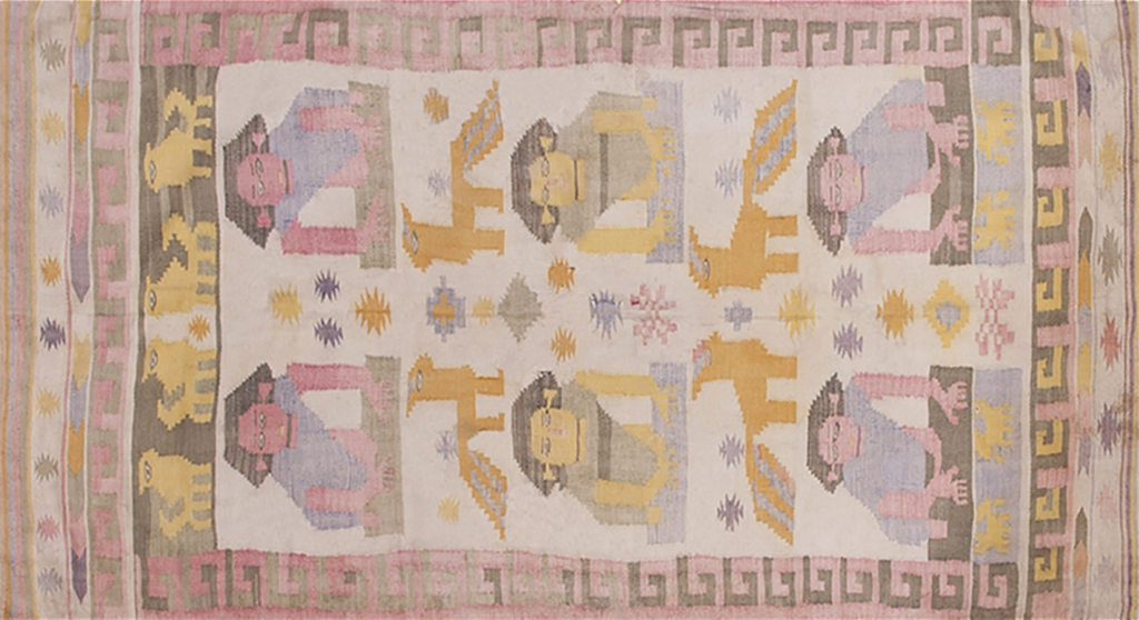 Pictorial flatweave rug with stylized figures, animals, and greek key border in muted pastel tones by rugs on net