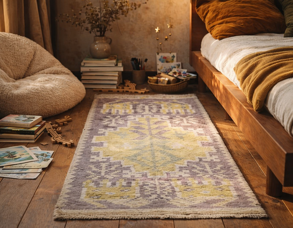 A purple and yellow patterned rug on a wooden floor in a cozy bedroom with warm golden lighting. By rugs on net