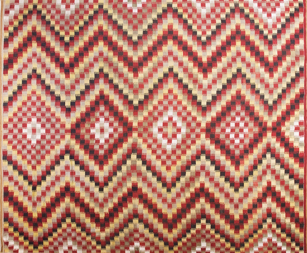 Geometric pixelated diamond pattern rug in red, black, beige, and cream with a bold flat-weave design by rugs on net