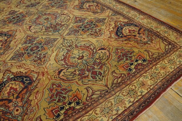 Close-up of a gold and rust-toned ornate persian rug design by rugs on net. By rugs on net
