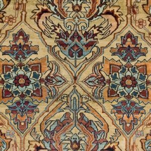 Close-up of a traditional rug pattern featuring repeating medallions in beige, rust, and muted blue tones by Rugs On Net