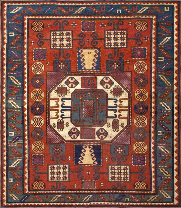 Sensational red and blue color with geometric design antique caucasian rug by rugs on net