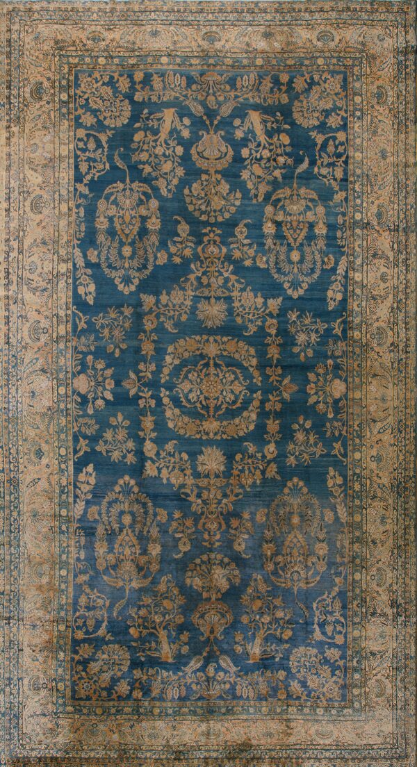 Special blue finely drawn allover floral design century persian kirman lavar rug
