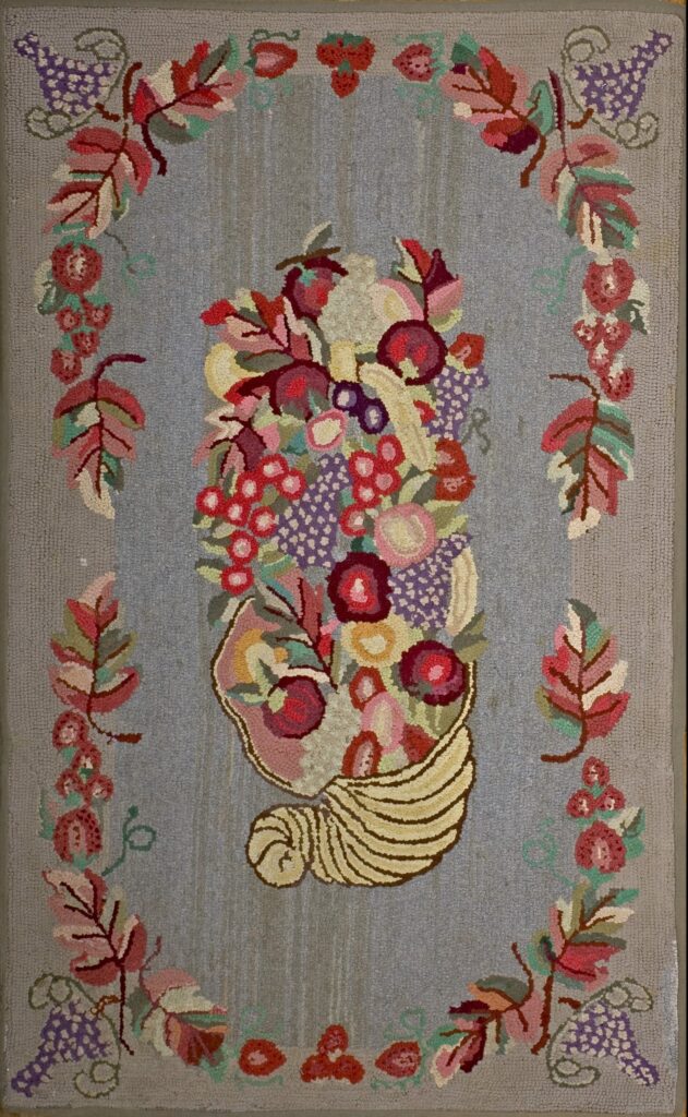 Grey Artistic Floral Still Life Folk Art Design Small Size Vintage American Hooked Rug