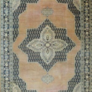 Special Floral-Medallion Design in a Peach Background Antique Persian Tabriz Rug by Rugs On Net
