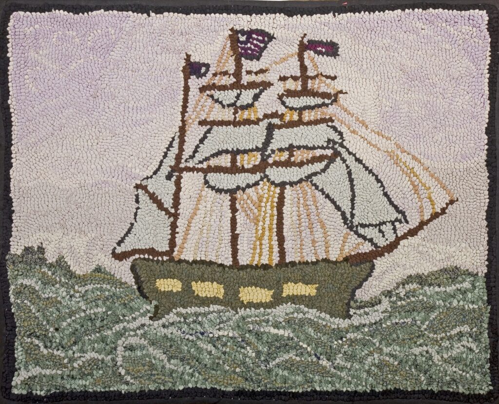 Antique Maritime Nautical Sail Boat Pattern American Folk Art Hooked Rug