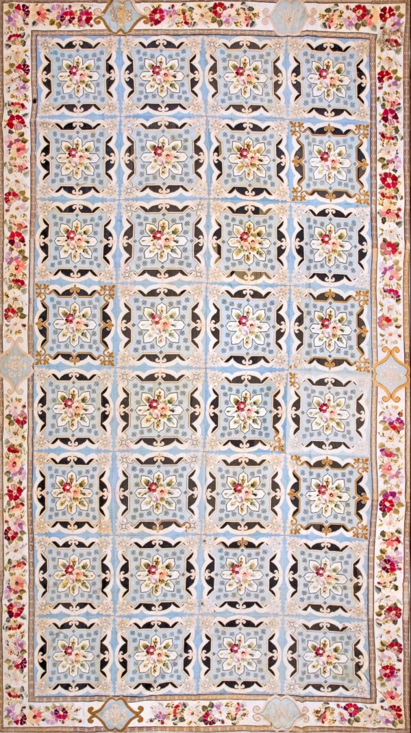 Special light blue color with bouquet roses antique european needlepoint rug by rugs on net