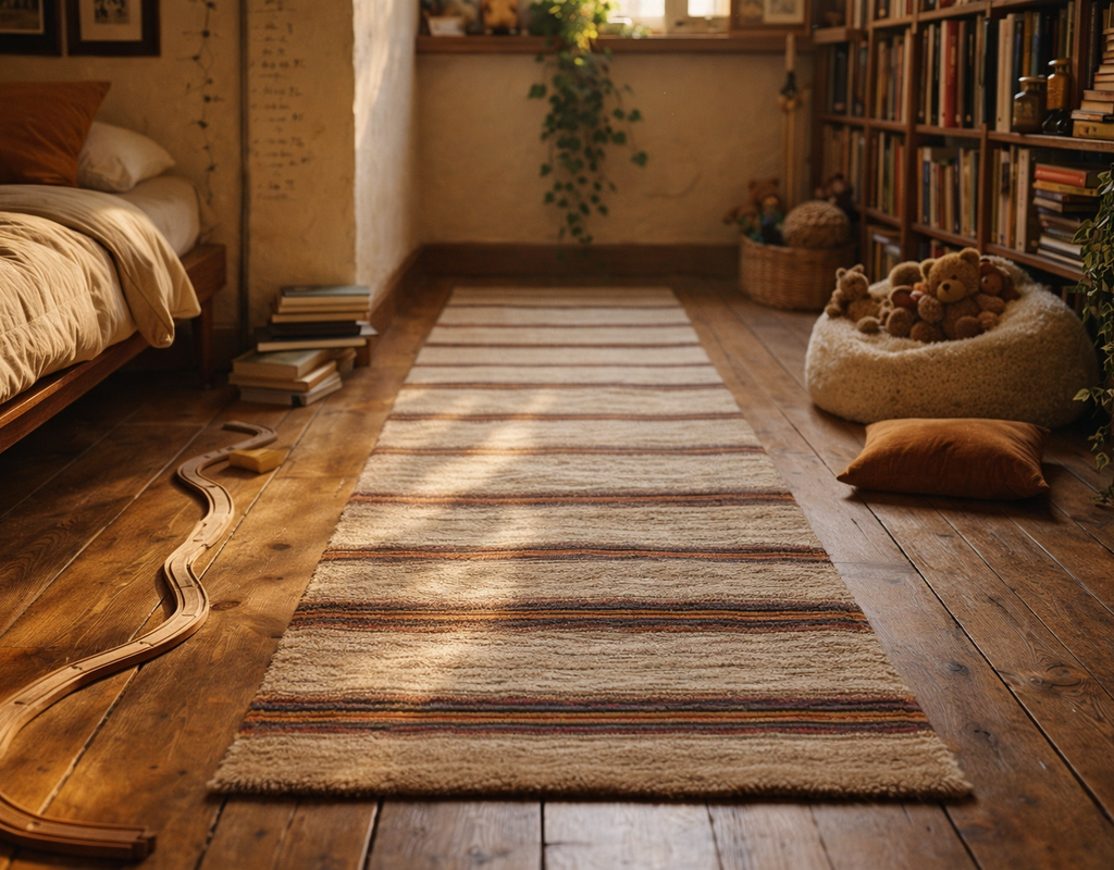 Striped earth-tone runner rug on a wooden floor in a cozy, sunlit room with bookshelves and toys. By rugs on net
