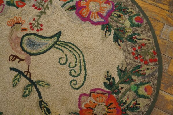Superlative small antique american hooked rug ivory color with floral design