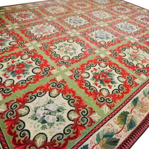 Close-up of a vibrant green and red floral rug pattern by Rugs On Net