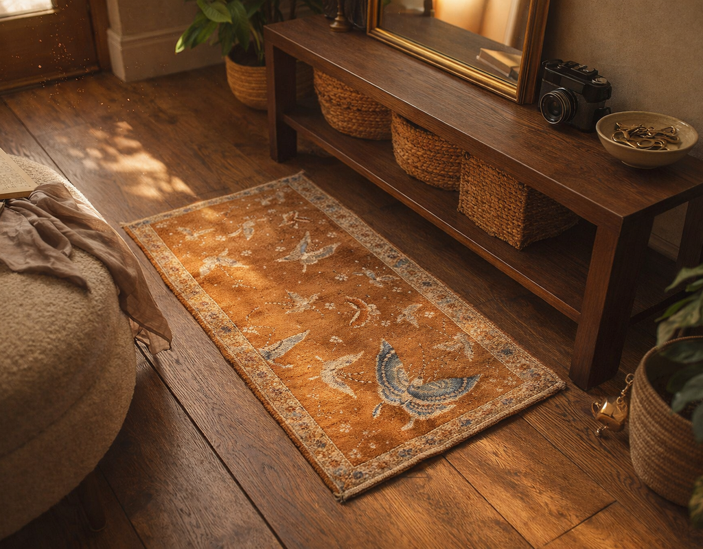 Terracotta rug with blue butterfly motifs on dark wood floors next to a rustic wooden console table. By rugs on net