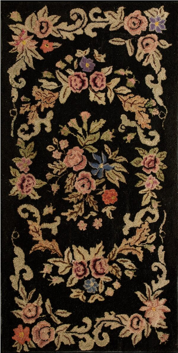 Vintage 1920 american hooked black field wool rectangle loop pile rug by rugs on net