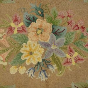 Close-up of a floral bouquet on a tan background, featuring yellow, pink, and purple flowers, by Rugs On Net