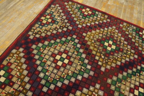 A vibrant, geometric rug with a checkerboard pattern of colorful squares on a wooden floor, by rugs on net