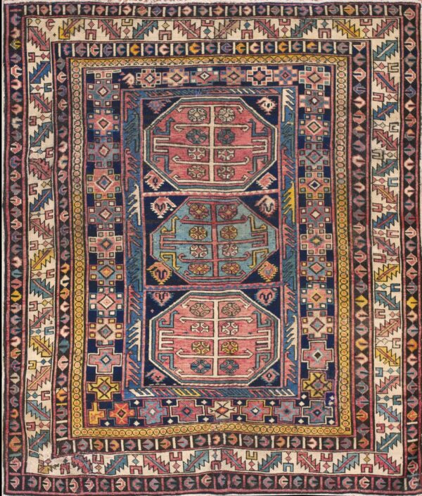 Vintage 1930 blue shirvan caucasus hand knotted wool dense geometric tribal rug by rugs on net