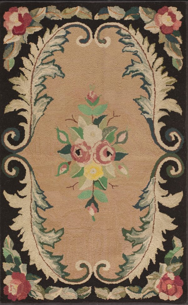 Vintage 1930s american hooked wool rectangle earth tone with corner dusty rose accents rug by rugs on net