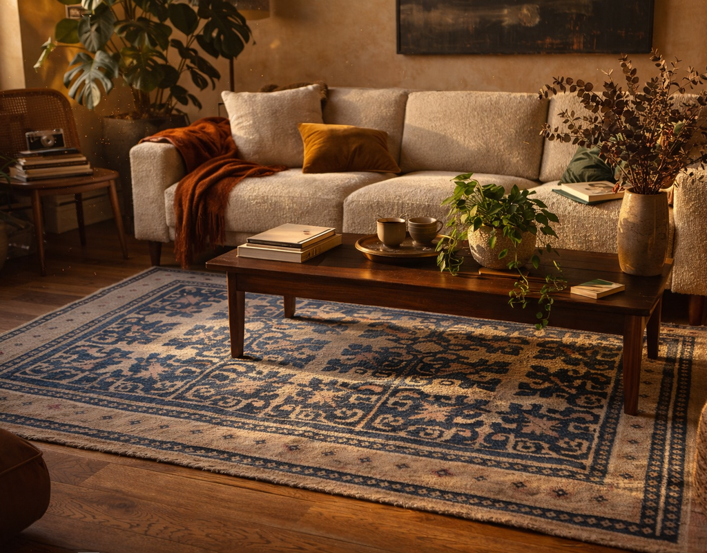 A blue and cream patterned rug in a warm, cozy living room with a beige sofa and wooden coffee table. By rugs on net
