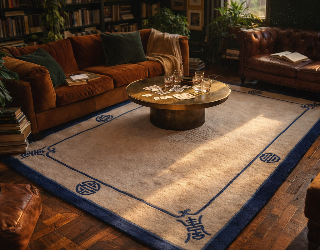 Beige rug with navy blue border and chinese symbols in a cozy living room with velvet and leather sofas. By rugs on net
